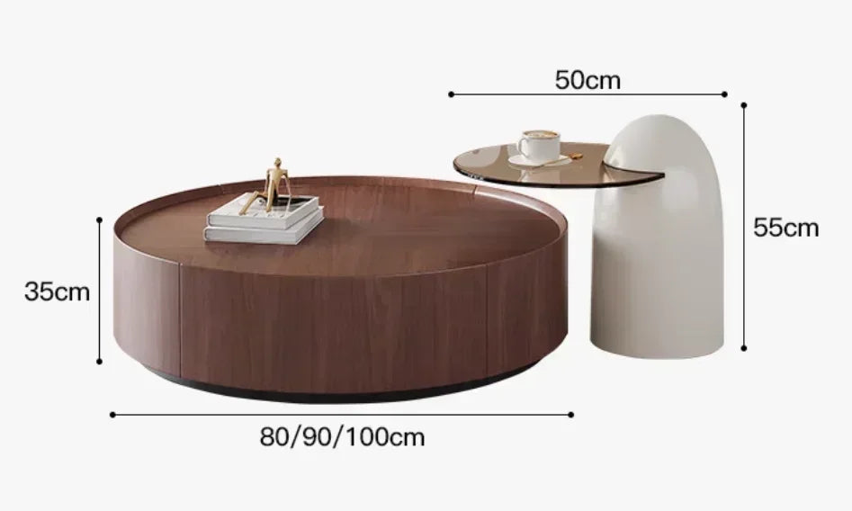 Design Nature Solid Wood Round Coffee Table and Durable 3C Reinforced Glass Side Table For Home Indoor