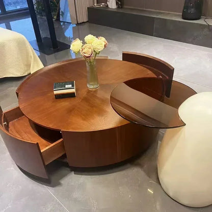 Design Nature Solid Wood Round Coffee Table and Durable 3C Reinforced Glass Side Table For Home Indoor